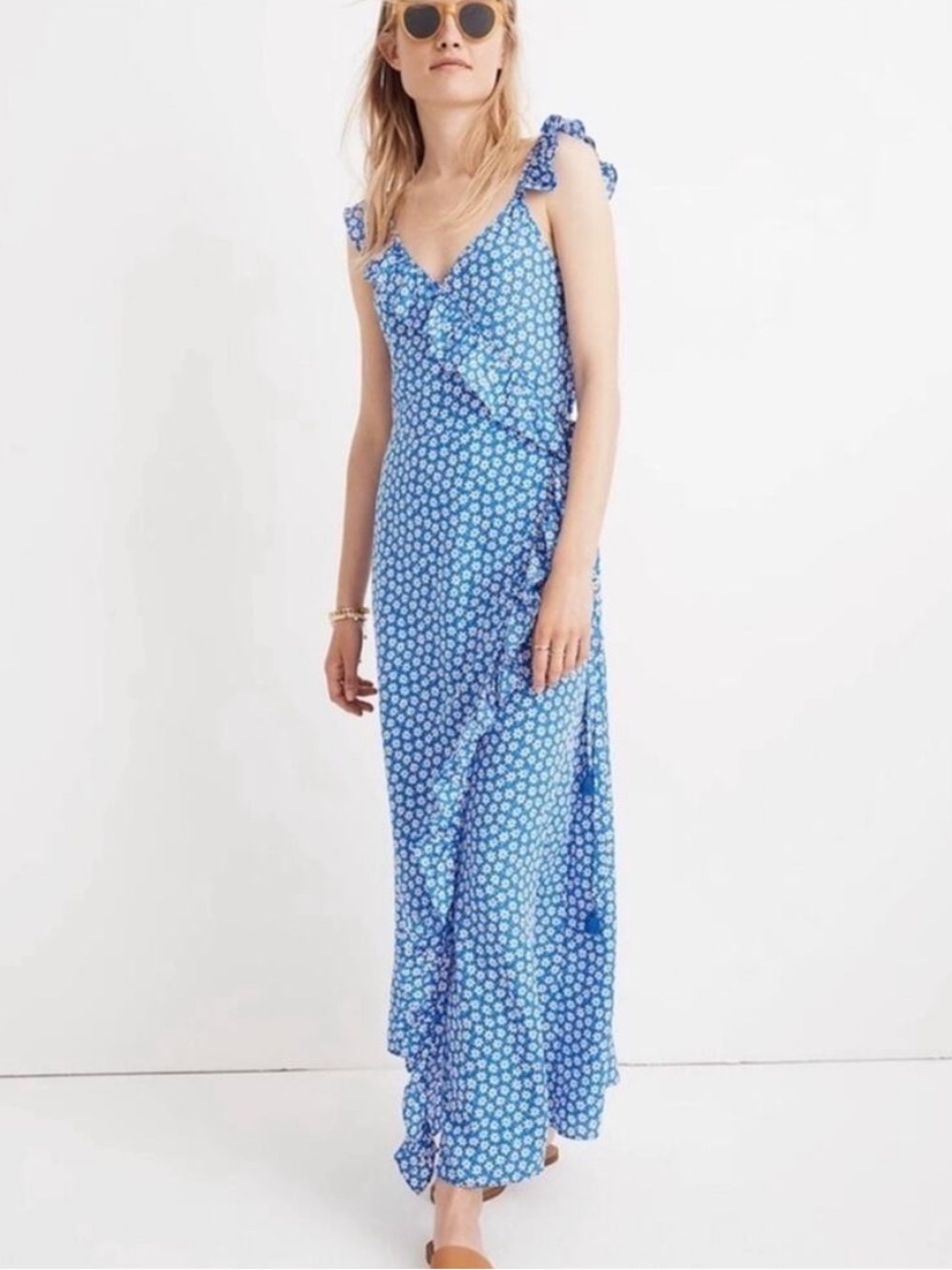 Madewell Daisy Chain Floral Faux Wrap Maxi Dress Blue White Belted US 14 $138